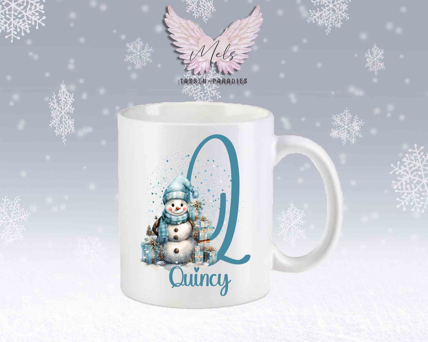 Schneemann Türkis-Alphabet mit Name - Personalisierte Keramik-Tasse Weiß-Matt