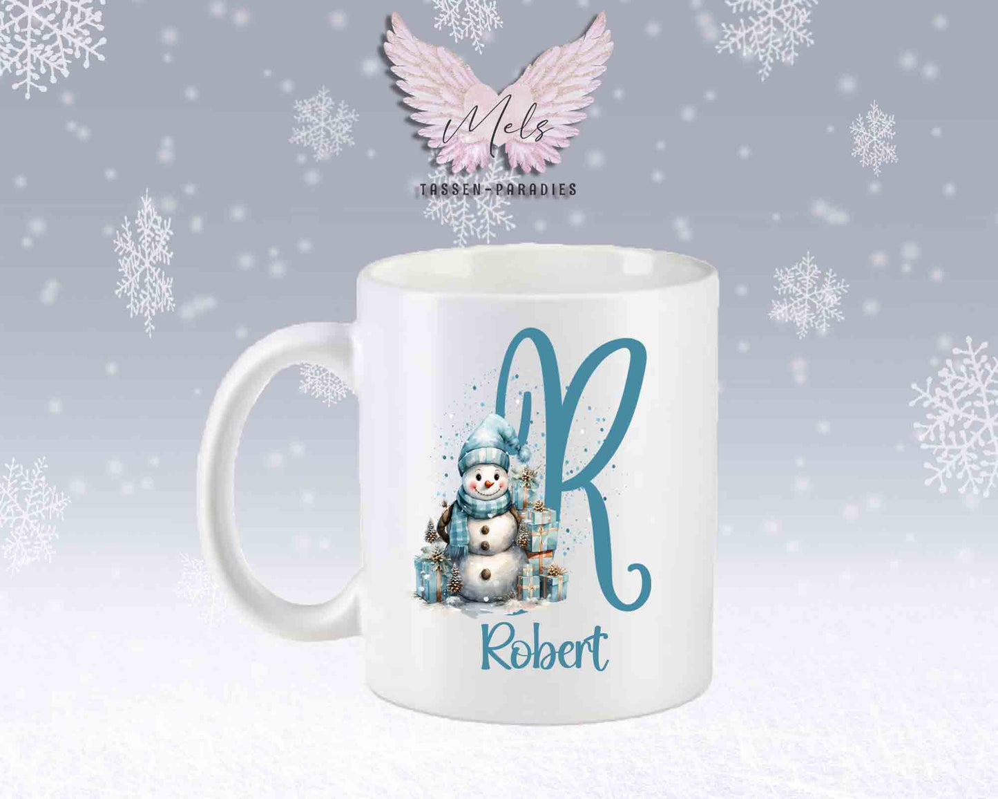 Schneemann Türkis-Alphabet mit Name - Personalisierte Keramik-Tasse Weiß-Matt