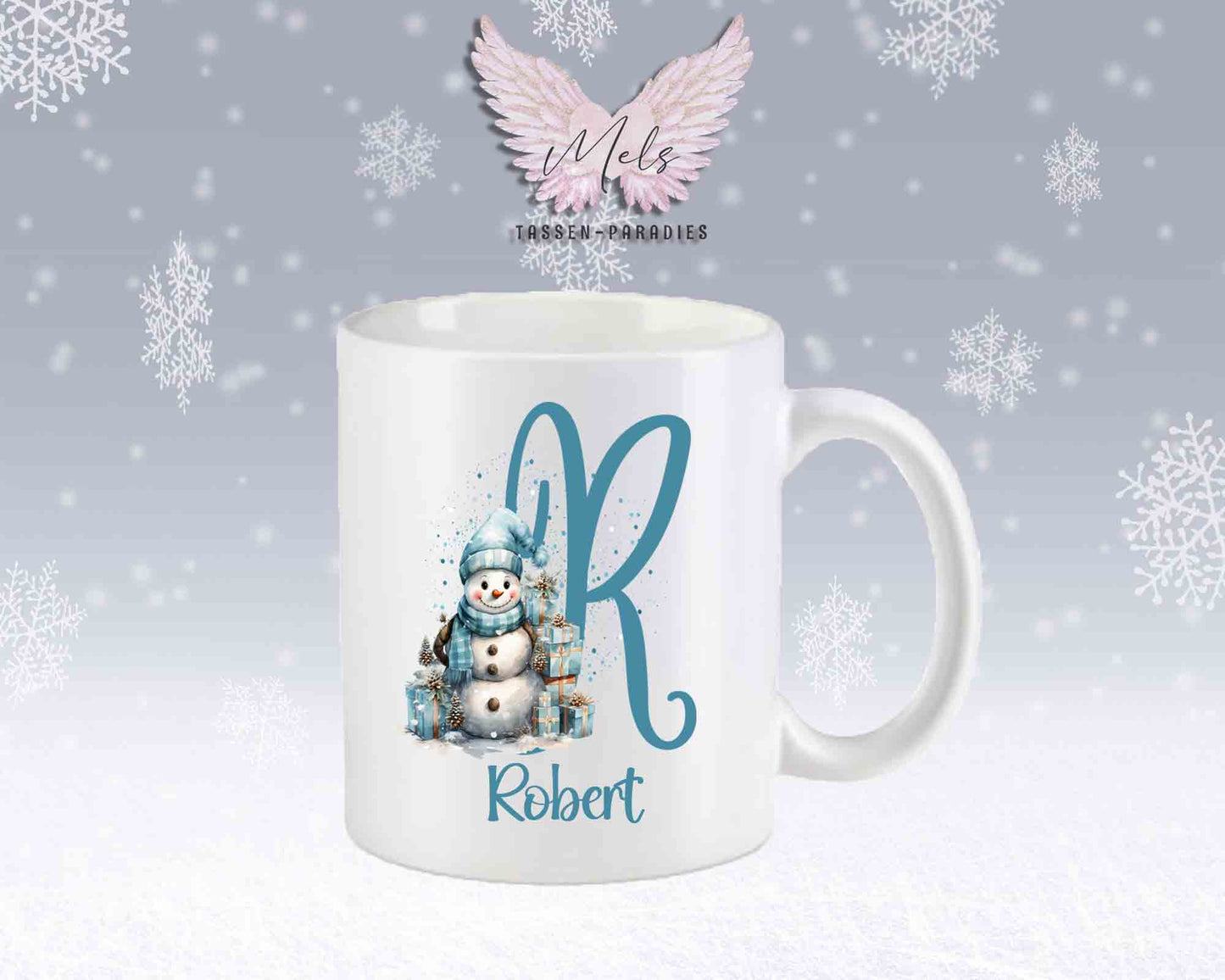 Schneemann Türkis-Alphabet mit Name - Personalisierte Keramik-Tasse Weiß-Matt