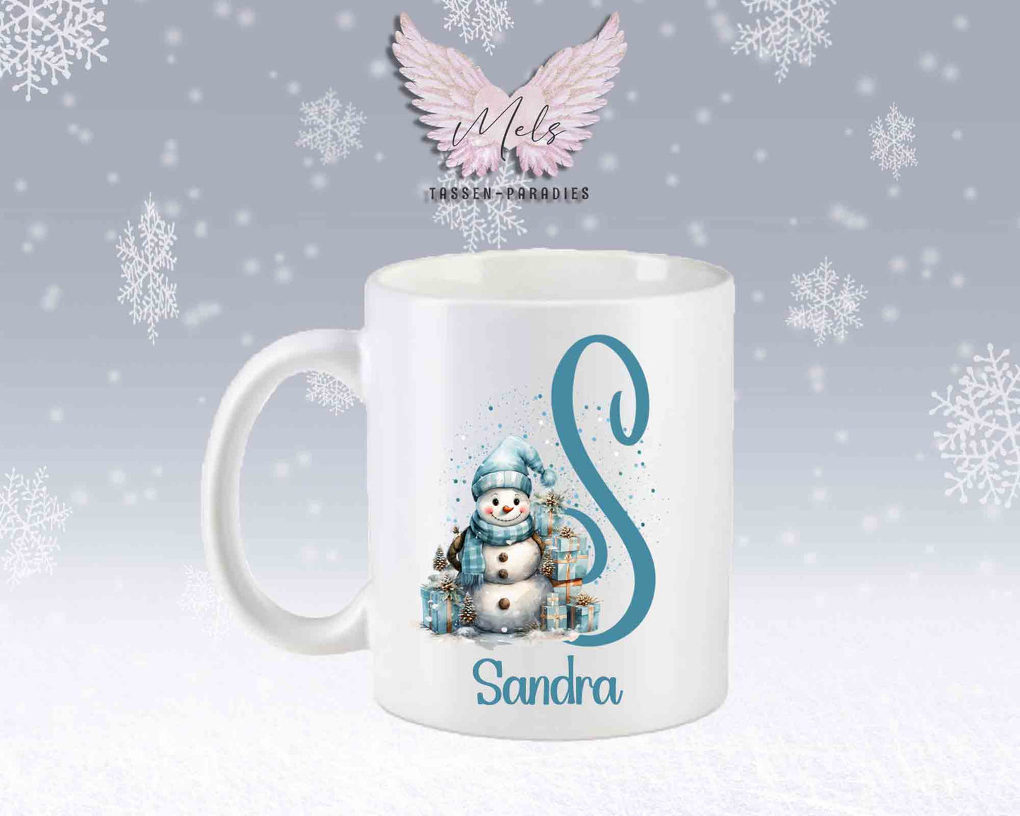 Schneemann Türkis-Alphabet mit Name - Personalisierte Keramik-Tasse Weiß-Matt