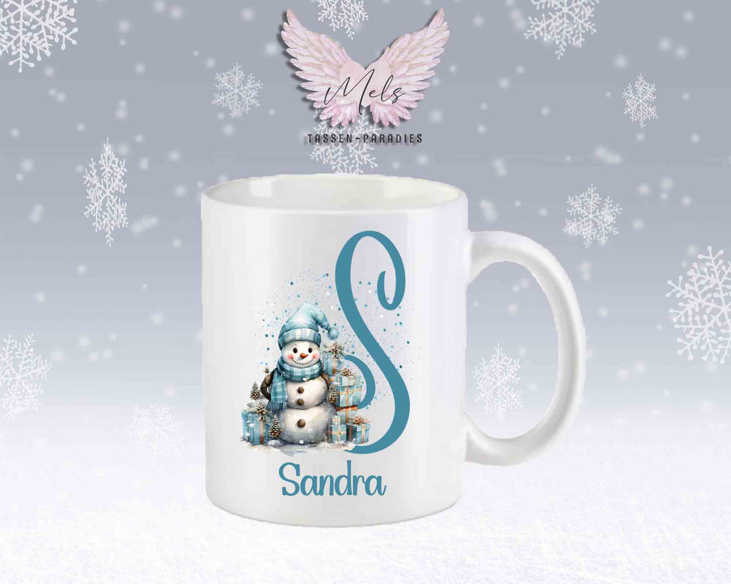 Schneemann Türkis-Alphabet mit Name - Personalisierte Keramik-Tasse Weiß-Matt