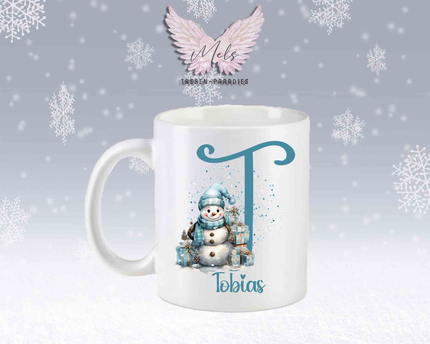 Schneemann Türkis-Alphabet mit Name - Personalisierte Keramik-Tasse Weiß-Matt