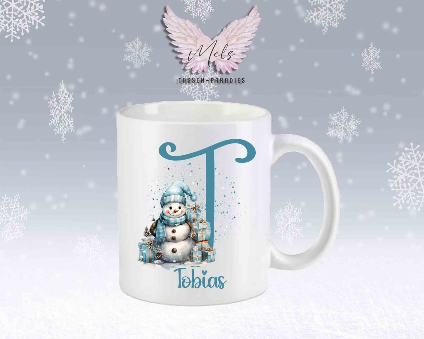 Schneemann Türkis-Alphabet mit Name - Personalisierte Keramik-Tasse Weiß-Matt