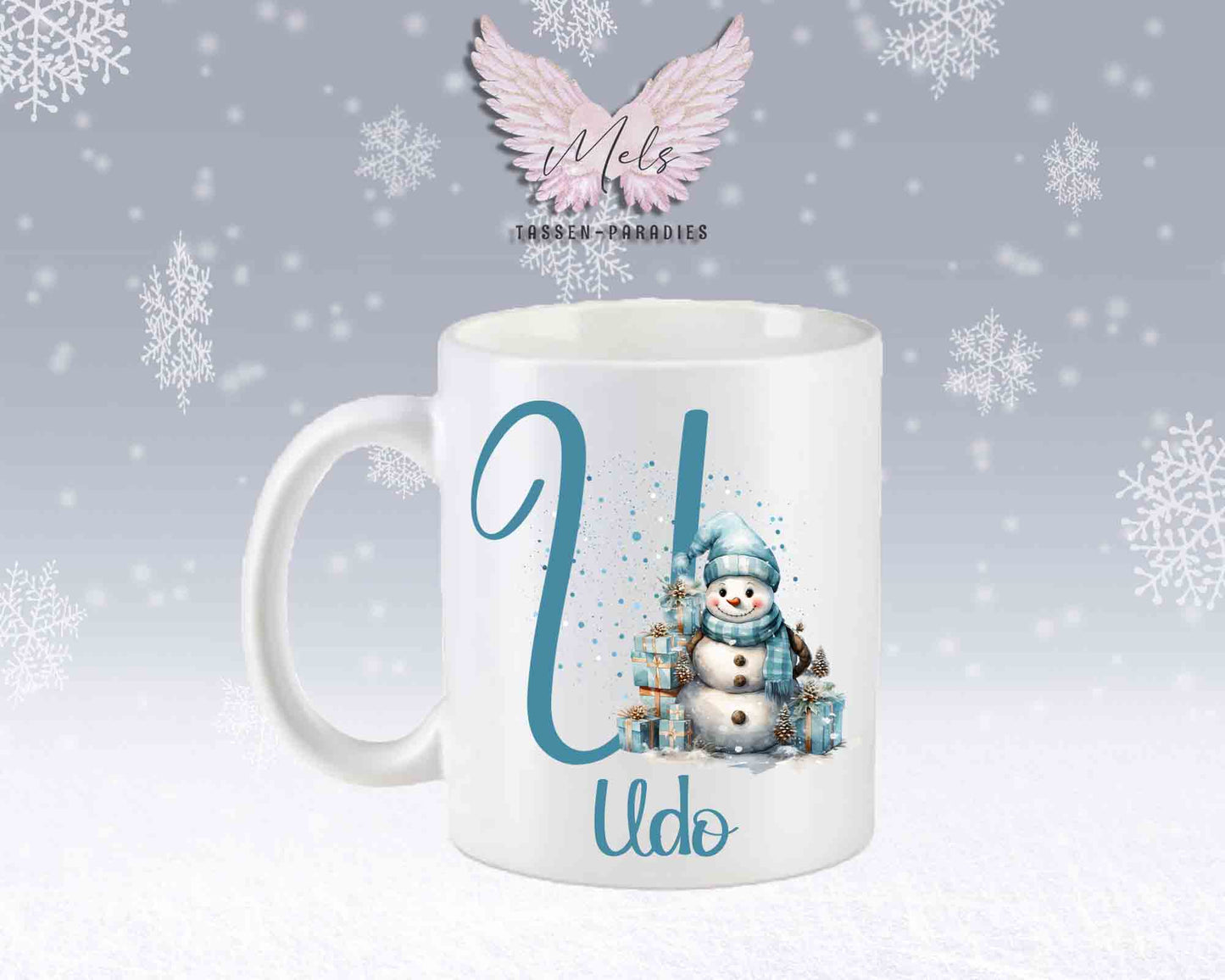 Schneemann Türkis-Alphabet mit Name - Personalisierte Keramik-Tasse Weiß-Matt