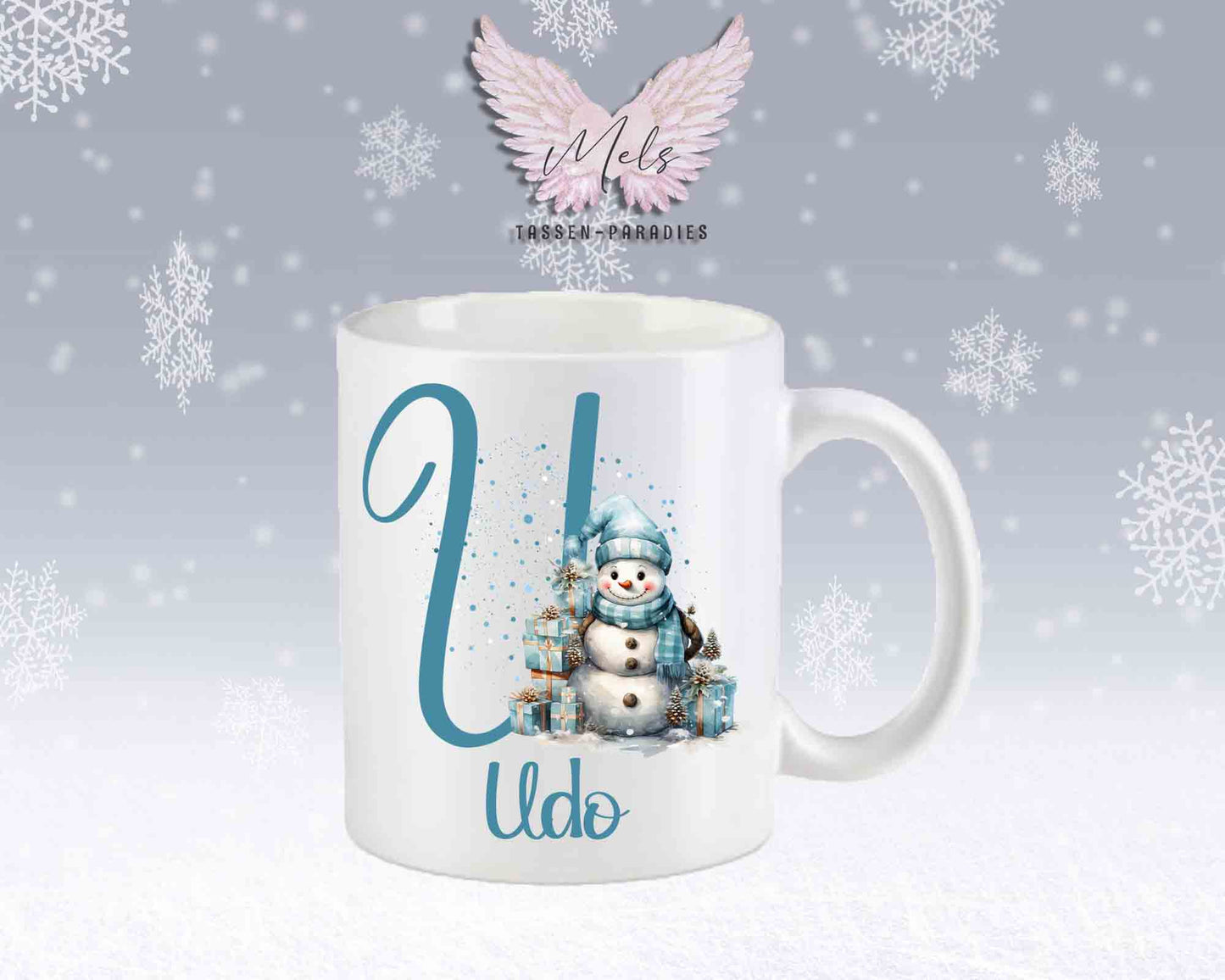 Schneemann Türkis-Alphabet mit Name - Personalisierte Keramik-Tasse Weiß-Matt