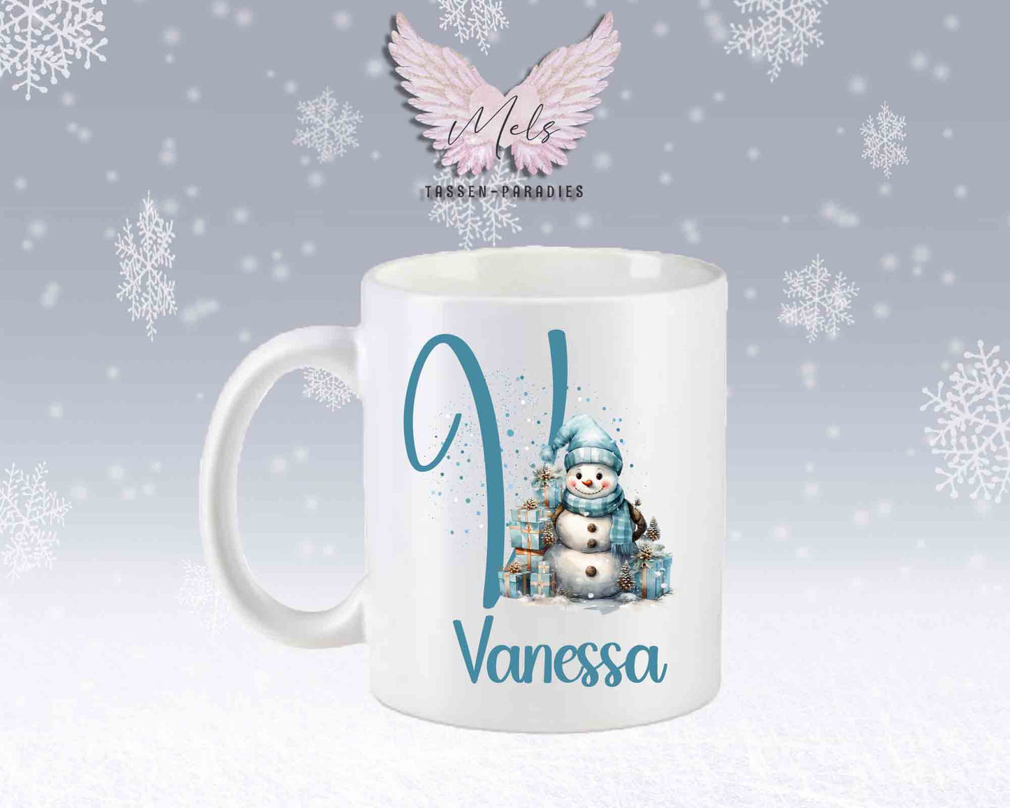 Schneemann Türkis-Alphabet mit Name - Personalisierte Keramik-Tasse Weiß-Matt