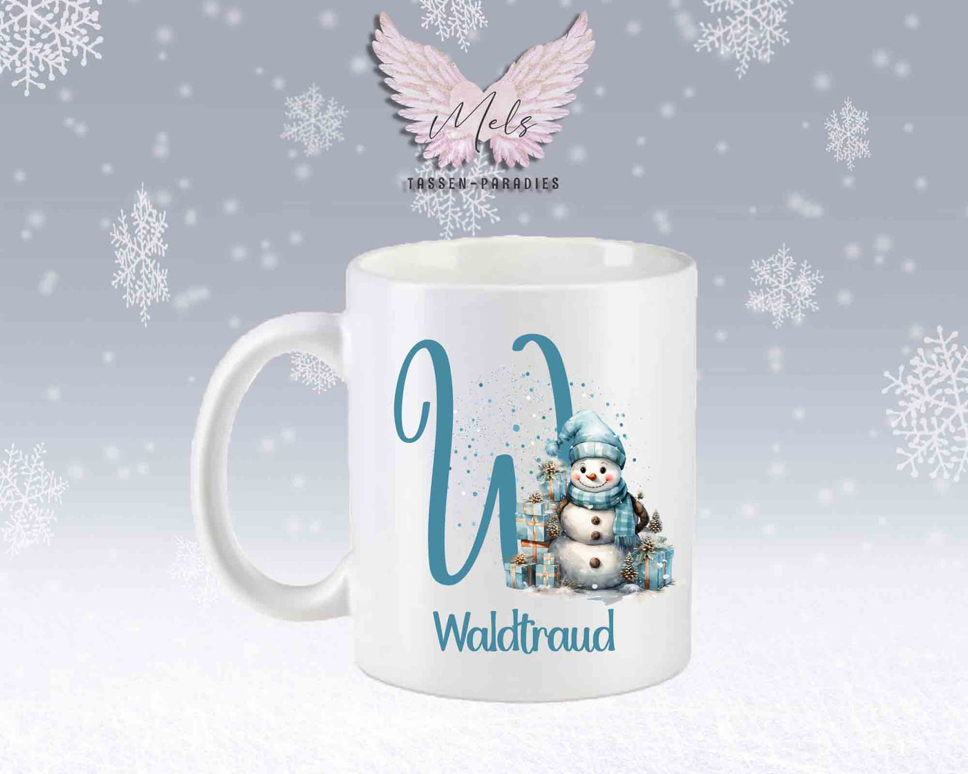 Schneemann Türkis-Alphabet mit Name - Personalisierte Keramik-Tasse Weiß-Matt