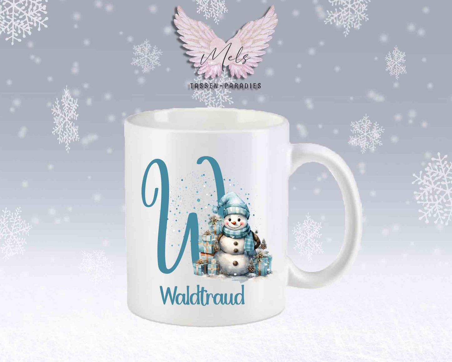 Schneemann Türkis-Alphabet mit Name - Personalisierte Keramik-Tasse Weiß-Matt