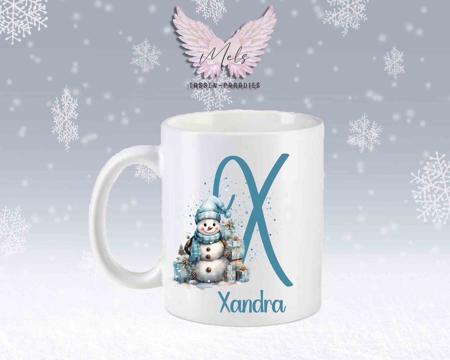 Schneemann Türkis-Alphabet mit Name - Personalisierte Keramik-Tasse Weiß-Matt