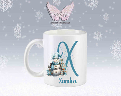 Schneemann Türkis-Alphabet mit Name - Personalisierte Keramik-Tasse Weiß-Matt