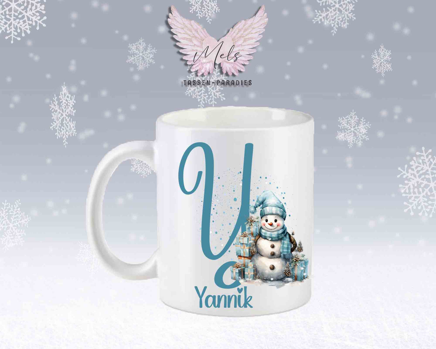 Schneemann Türkis-Alphabet mit Name - Personalisierte Keramik-Tasse Weiß-Matt