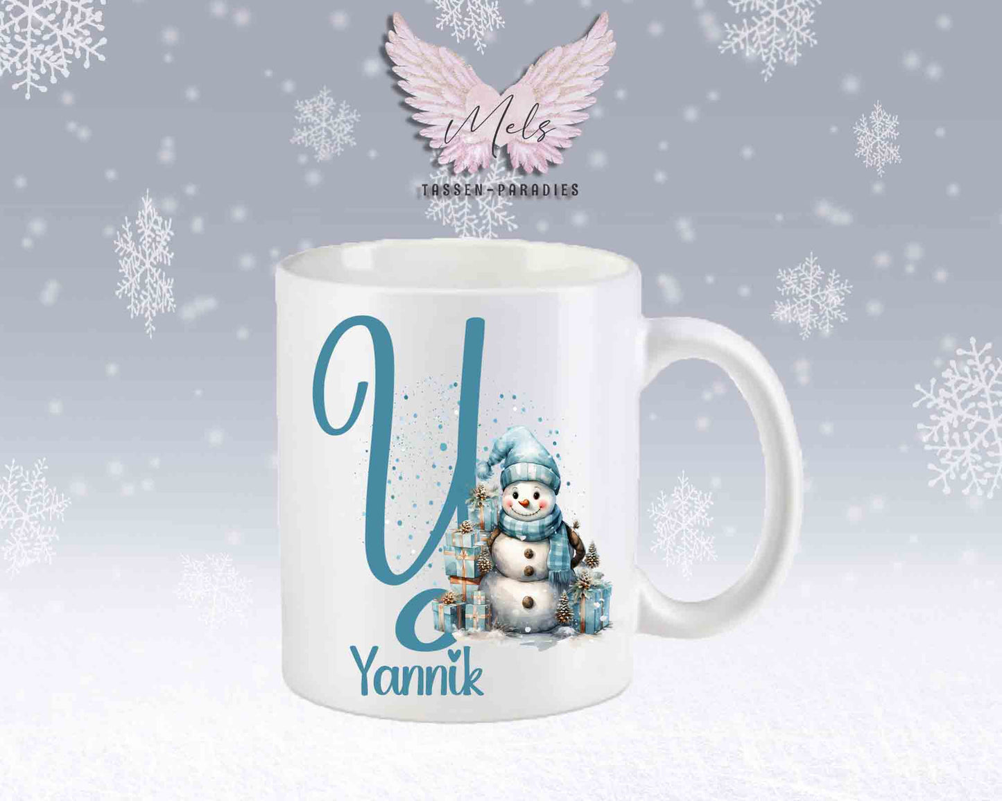 Schneemann Türkis-Alphabet mit Name - Personalisierte Keramik-Tasse Weiß-Matt