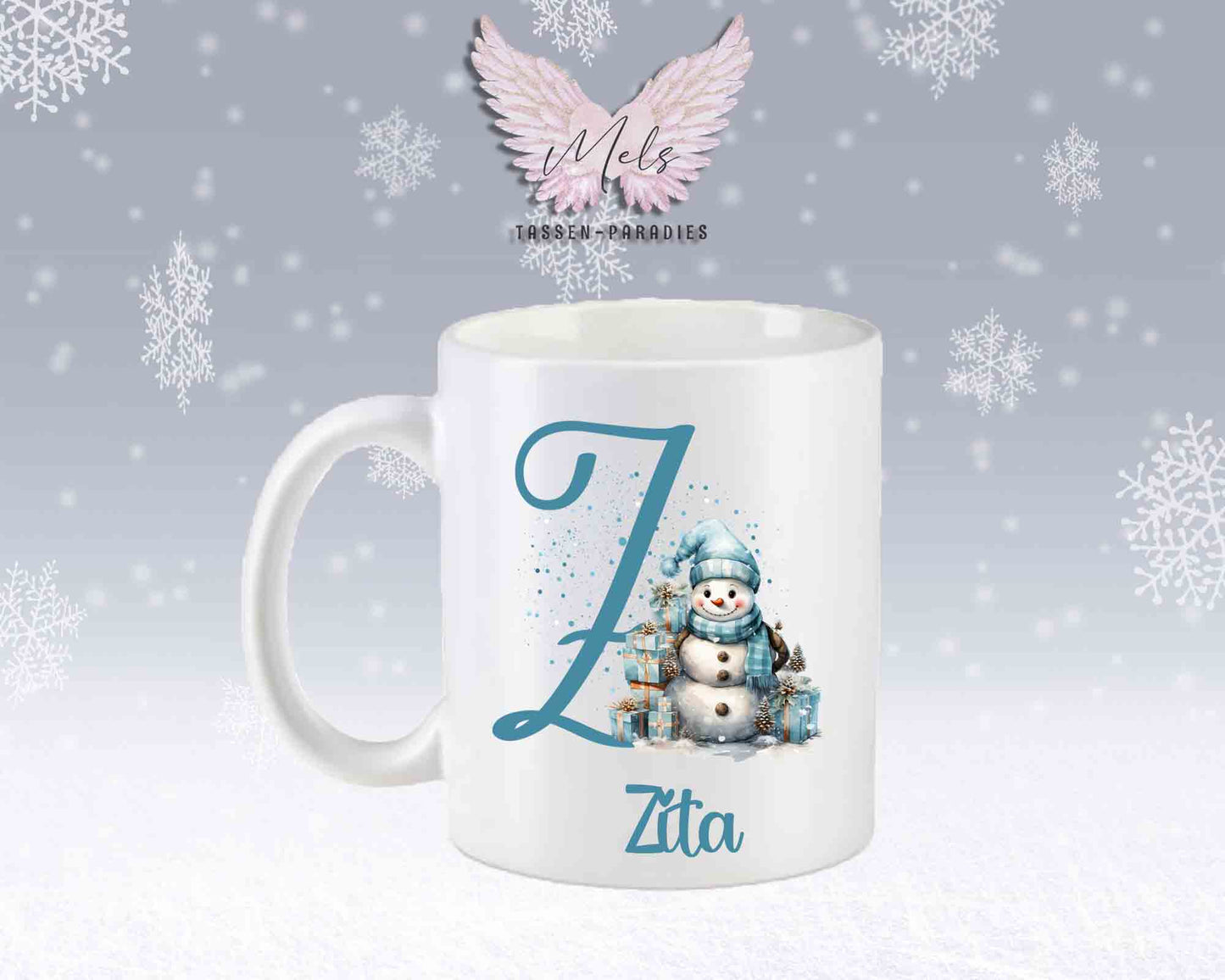 Schneemann Türkis-Alphabet mit Name - Personalisierte Keramik-Tasse Weiß-Matt