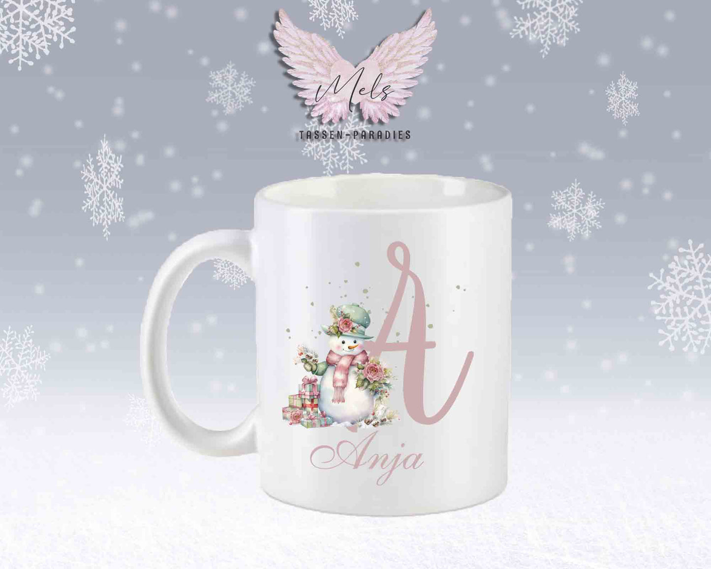 Schneemann Rosa-Alphabet mit Name - Personalisierte Keramik-Tasse Weiß-Matt