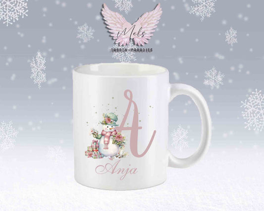 Schneemann Rosa-Alphabet mit Name - Personalisierte Keramik-Tasse Weiß-Matt