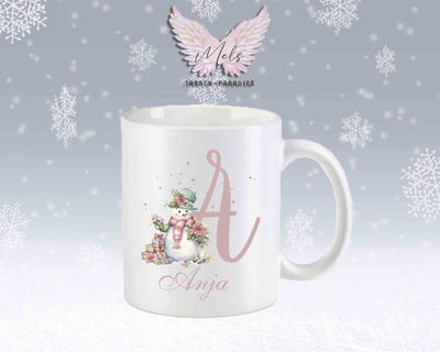 Schneemann Rosa-Alphabet mit Name - Personalisierte Keramik-Tasse Weiß-Matt