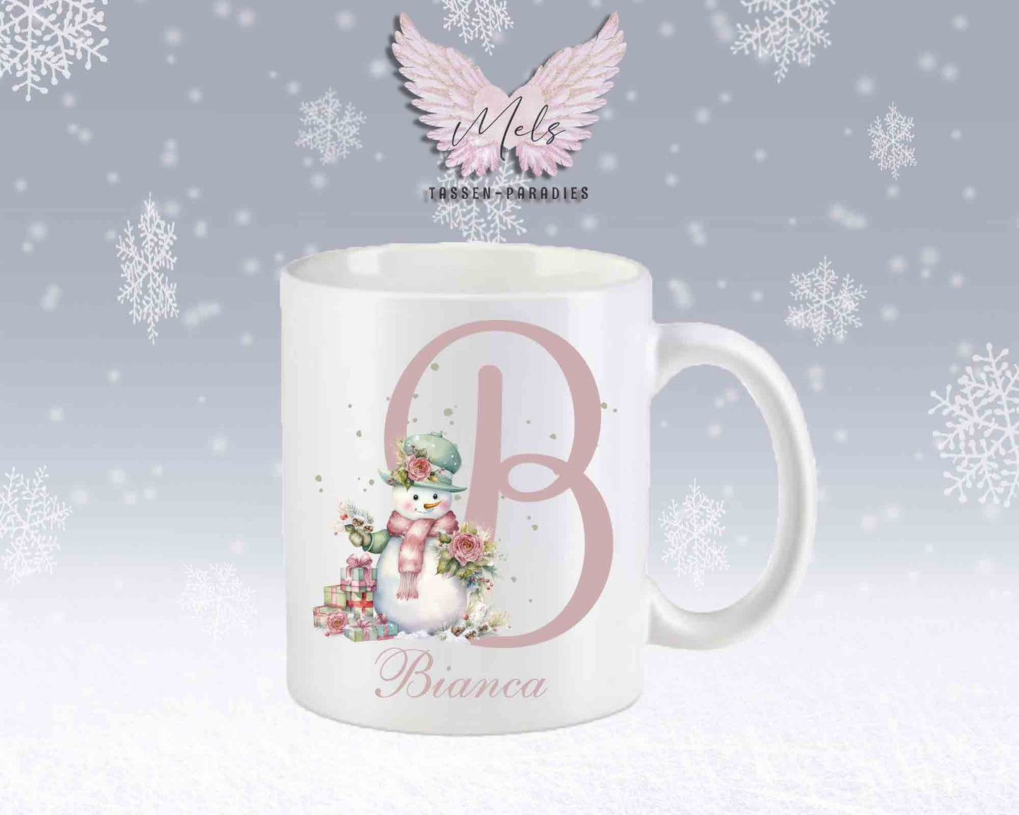 Schneemann Rosa-Alphabet mit Name - Personalisierte Keramik-Tasse Weiß-Matt