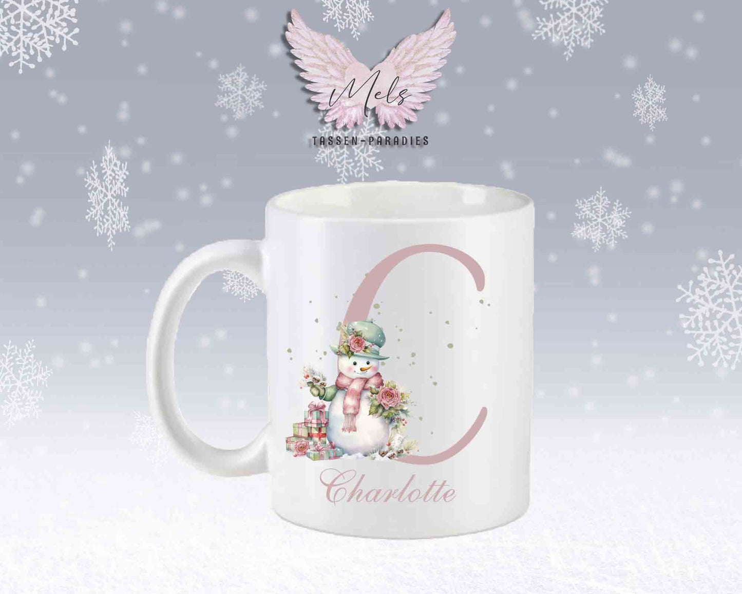 Schneemann Rosa-Alphabet mit Name - Personalisierte Keramik-Tasse Weiß-Matt