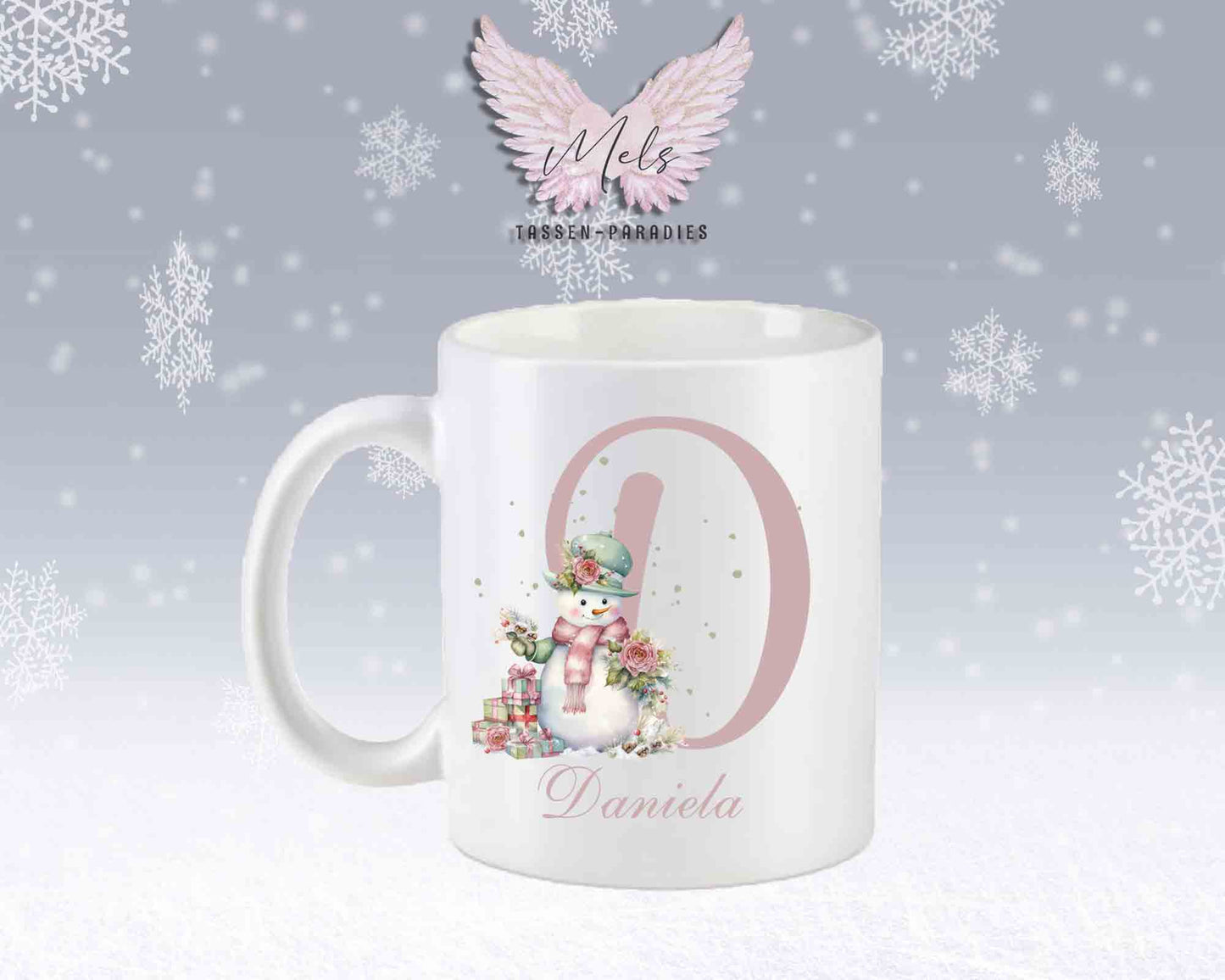 Schneemann Rosa-Alphabet mit Name - Personalisierte Keramik-Tasse Weiß-Matt