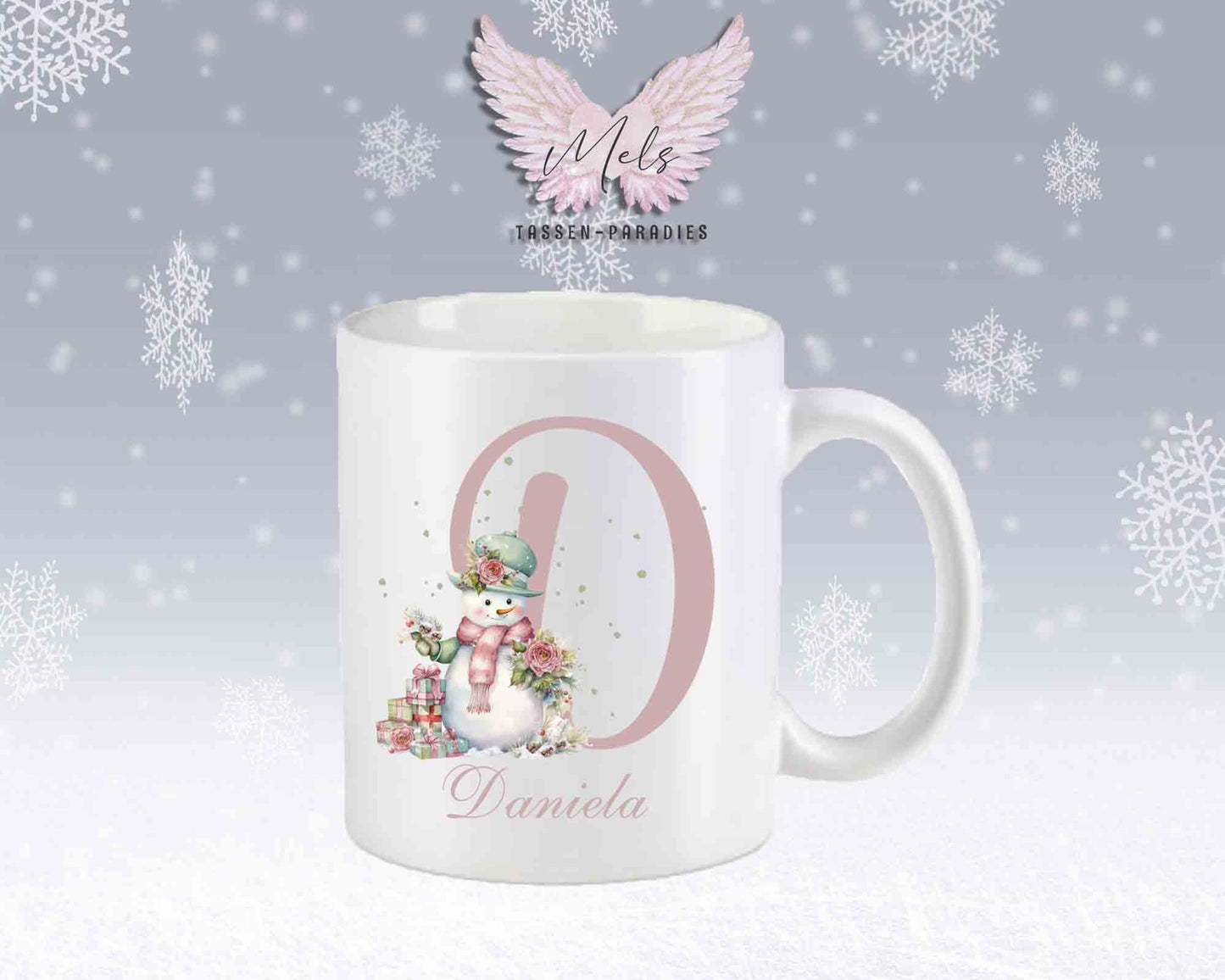 Schneemann Rosa-Alphabet mit Name - Personalisierte Keramik-Tasse Weiß-Matt