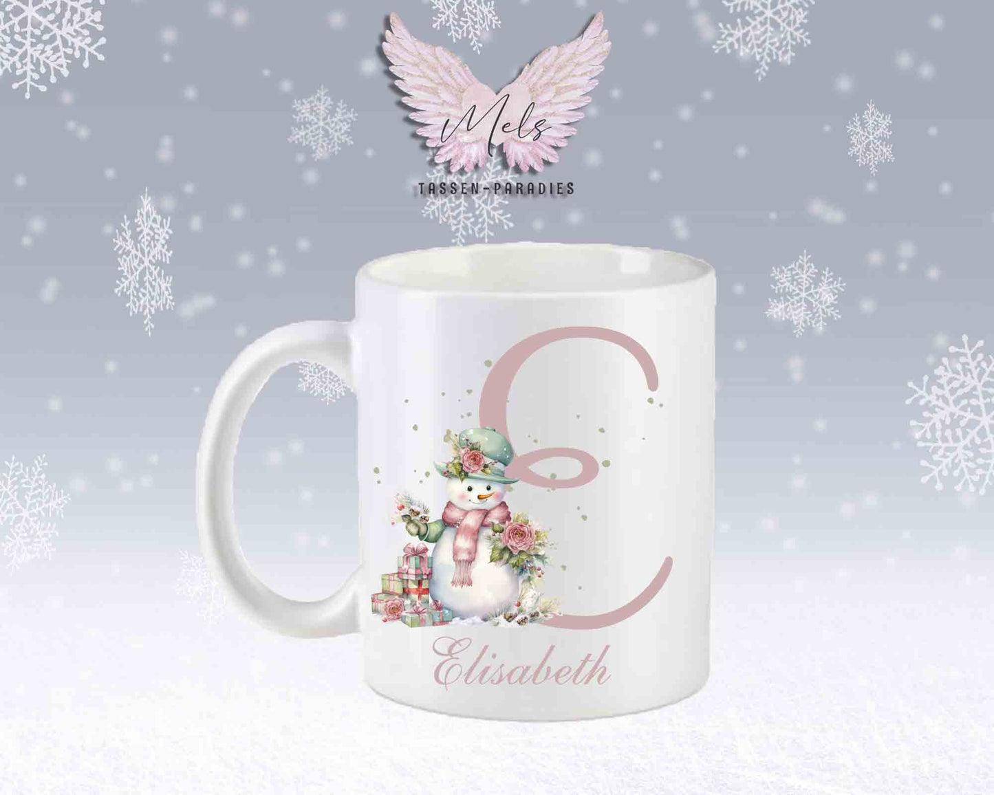 Schneemann Rosa-Alphabet mit Name - Personalisierte Keramik-Tasse Weiß-Matt