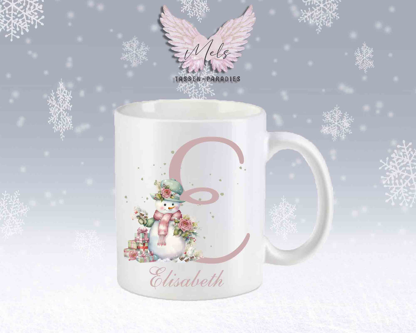 Schneemann Rosa-Alphabet mit Name - Personalisierte Keramik-Tasse Weiß-Matt