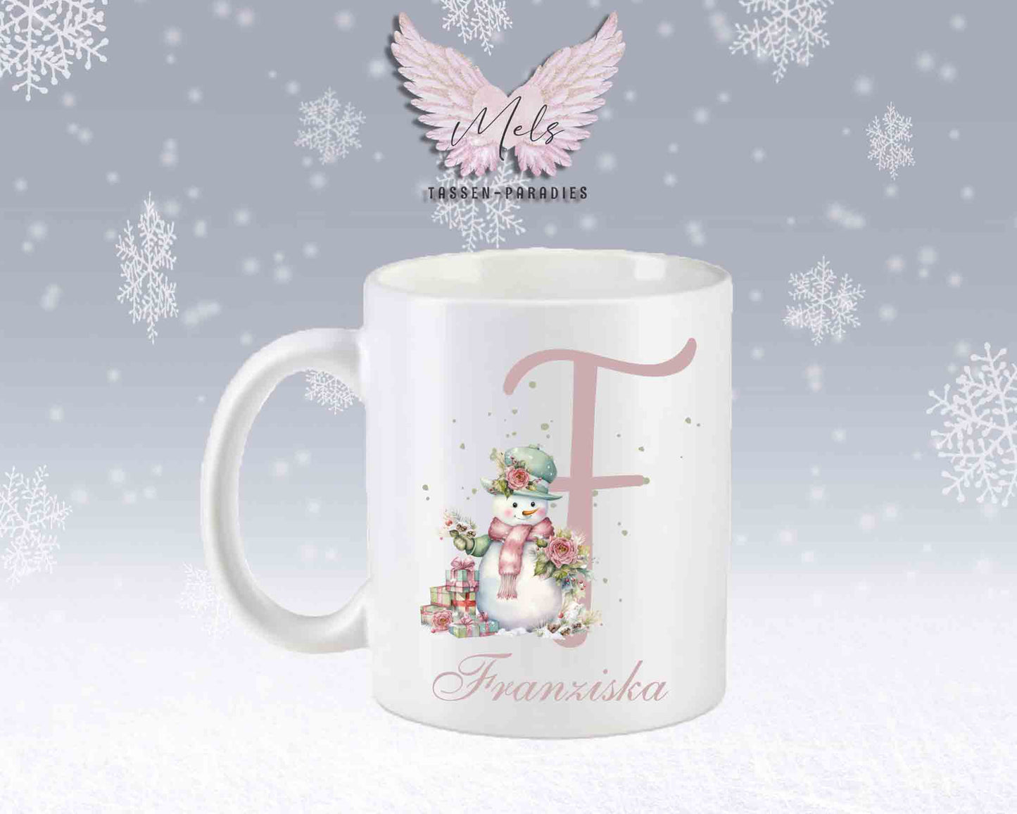 Schneemann Rosa-Alphabet mit Name - Personalisierte Keramik-Tasse Weiß-Matt