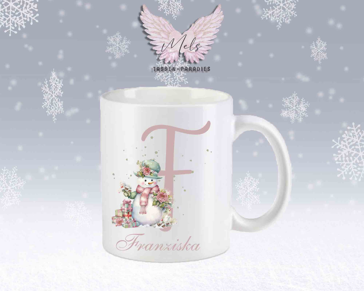 Schneemann Rosa-Alphabet mit Name - Personalisierte Keramik-Tasse Weiß-Matt