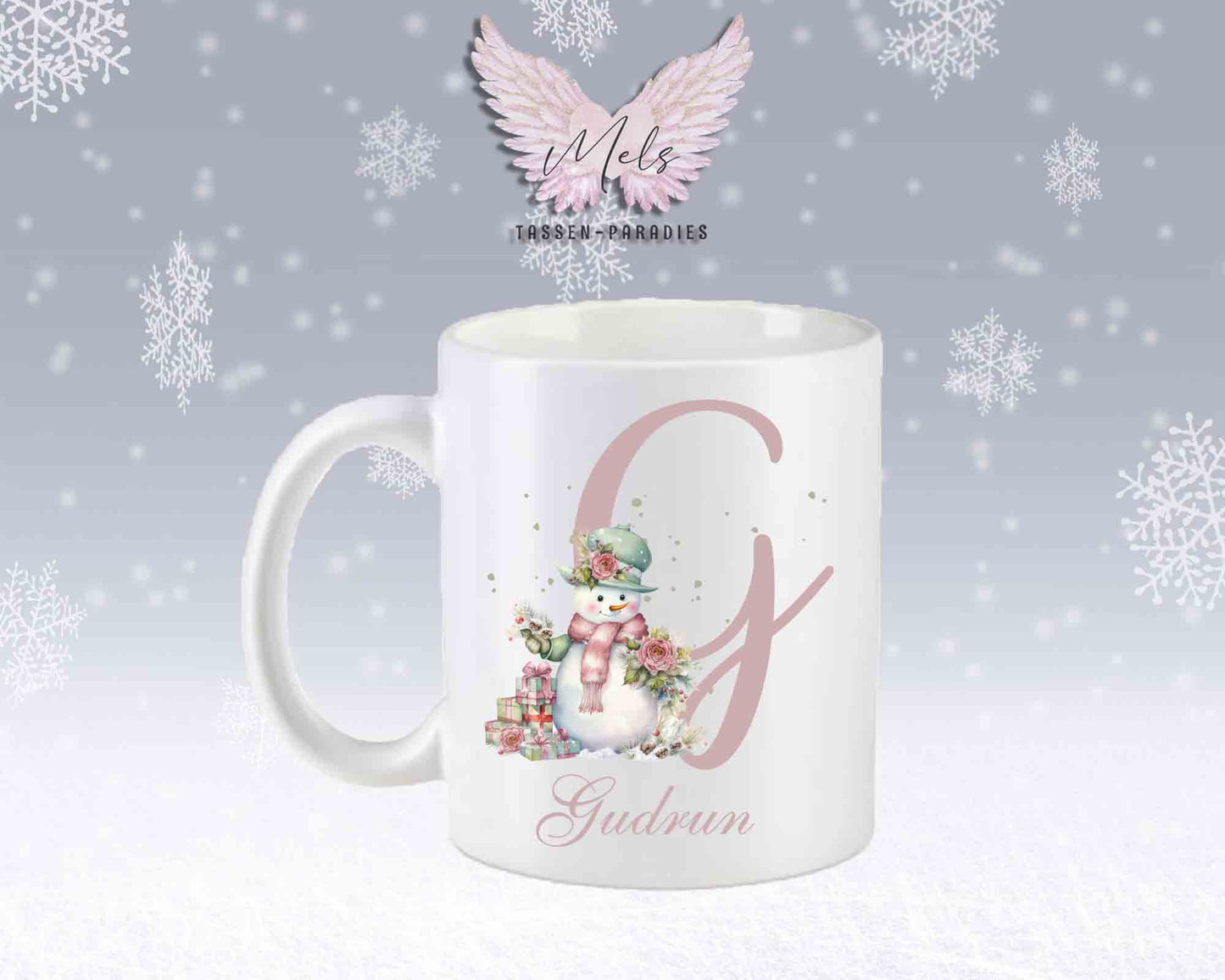 Schneemann Rosa-Alphabet mit Name - Personalisierte Keramik-Tasse Weiß-Matt