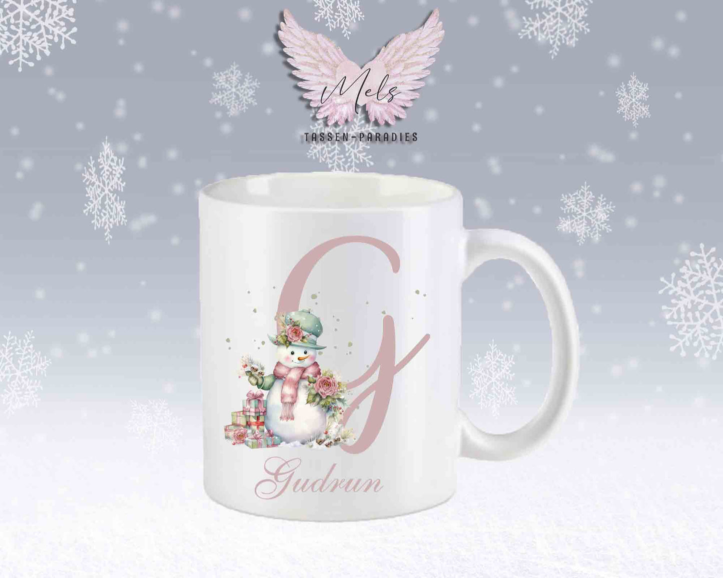 Schneemann Rosa-Alphabet mit Name - Personalisierte Keramik-Tasse Weiß-Matt