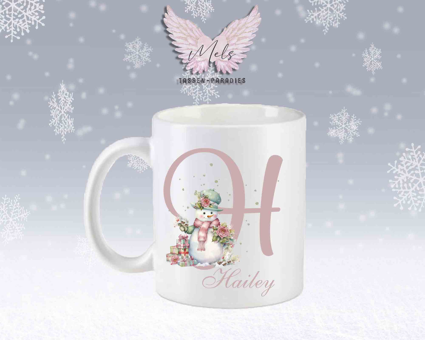 Schneemann Rosa-Alphabet mit Name - Personalisierte Keramik-Tasse Weiß-Matt