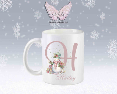 Schneemann Rosa-Alphabet mit Name - Personalisierte Keramik-Tasse Weiß-Matt
