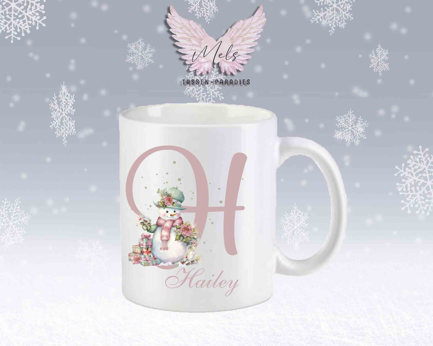 Schneemann Rosa-Alphabet mit Name - Personalisierte Keramik-Tasse Weiß-Matt