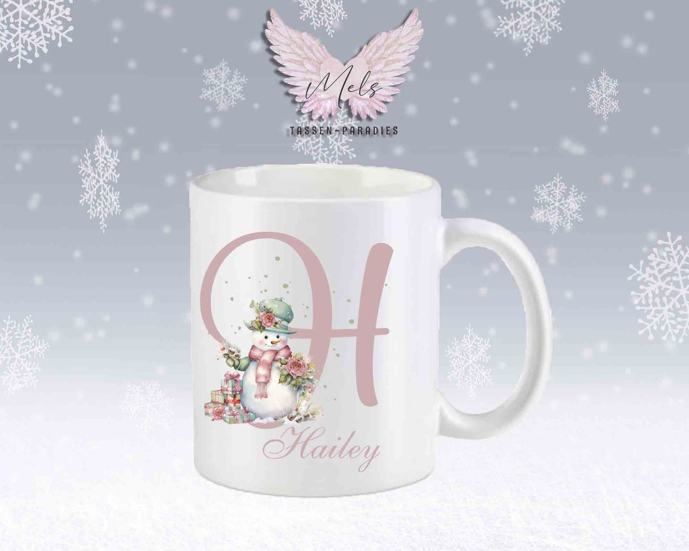 Schneemann Rosa-Alphabet mit Name - Personalisierte Keramik-Tasse Weiß-Matt