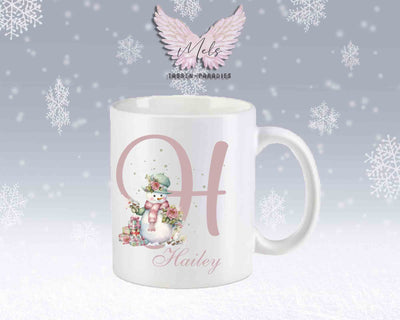 Schneemann Rosa-Alphabet mit Name - Personalisierte Keramik-Tasse Weiß-Matt