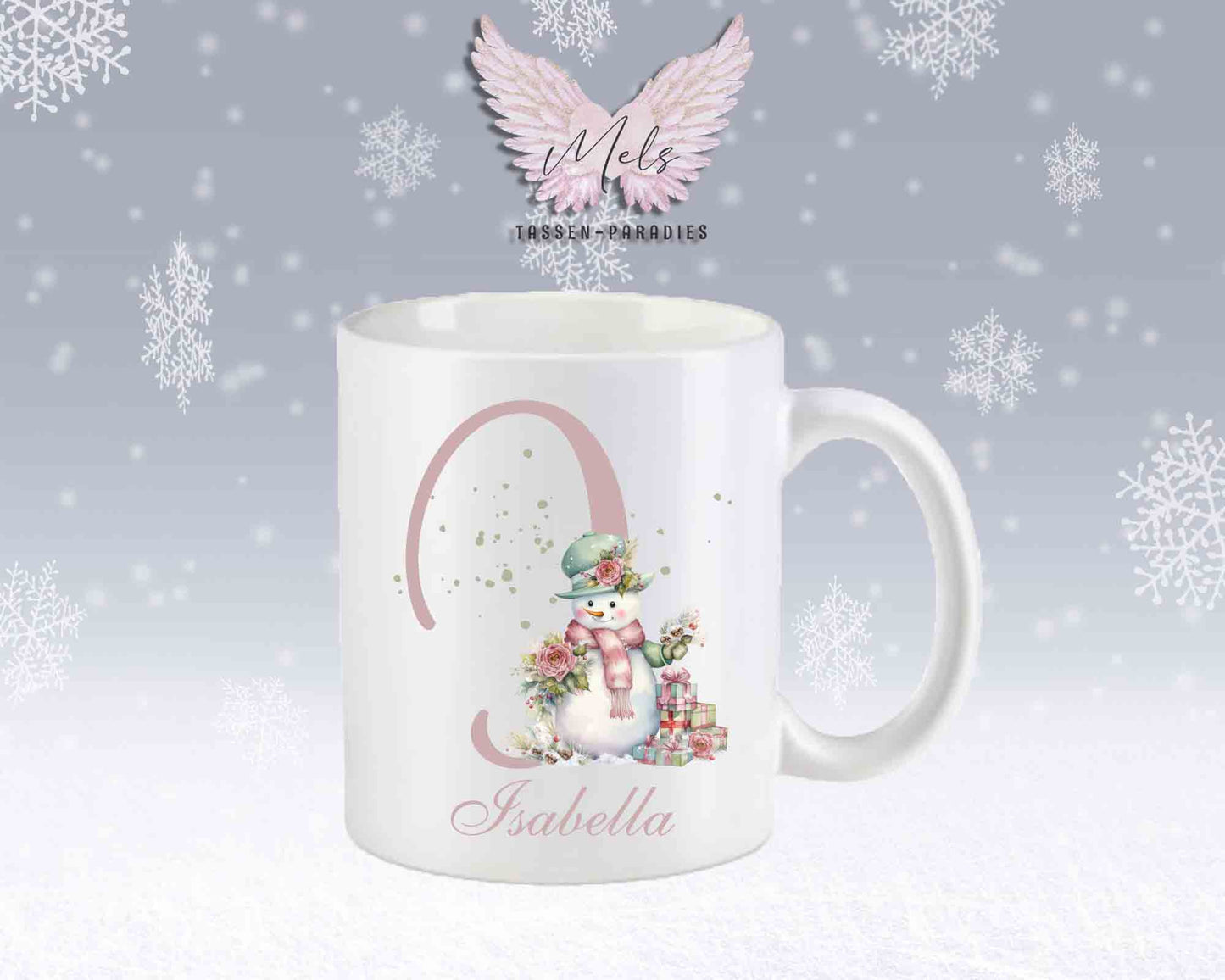 Schneemann Rosa-Alphabet mit Name - Personalisierte Keramik-Tasse Weiß-Matt