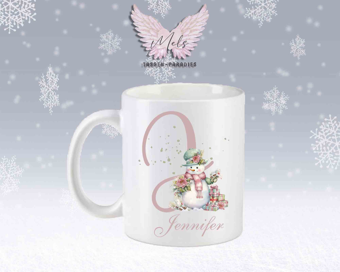 Schneemann Rosa-Alphabet mit Name - Personalisierte Keramik-Tasse Weiß-Matt