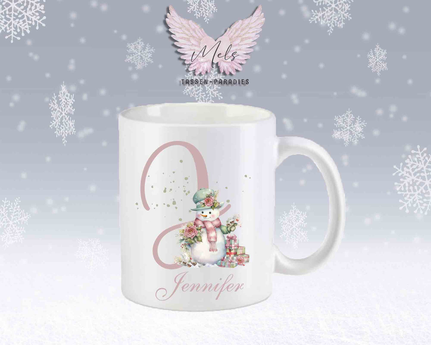 Schneemann Rosa-Alphabet mit Name - Personalisierte Keramik-Tasse Weiß-Matt