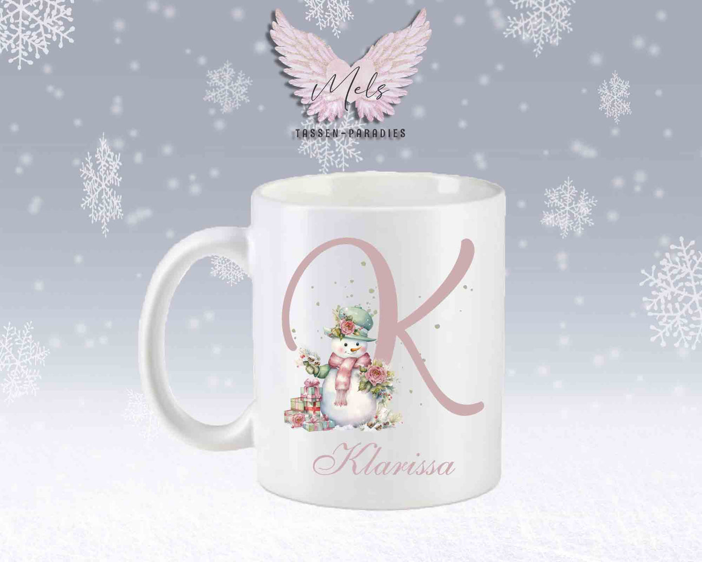 Schneemann Rosa-Alphabet mit Name - Personalisierte Keramik-Tasse Weiß-Matt