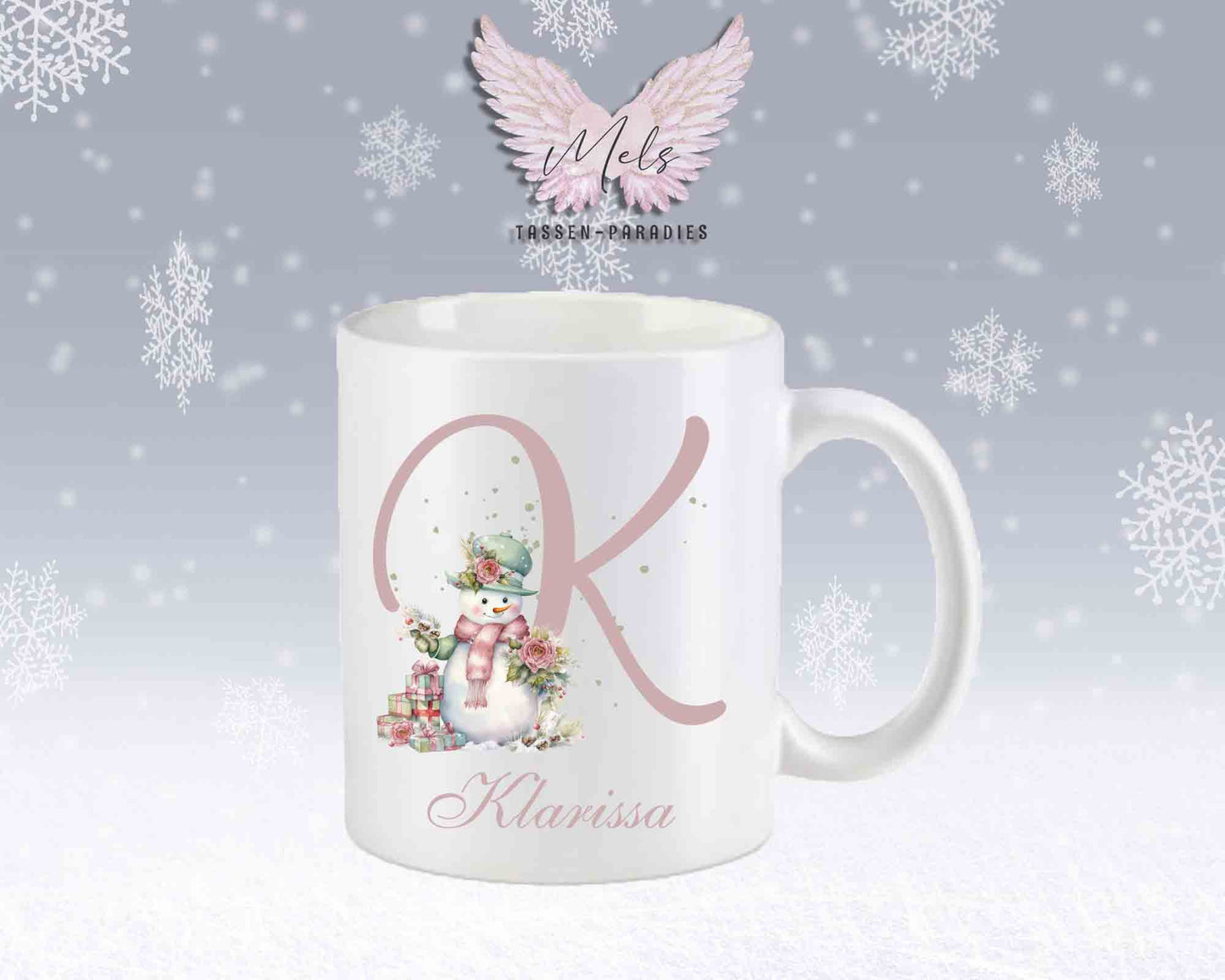 Schneemann Rosa-Alphabet mit Name - Personalisierte Keramik-Tasse Weiß-Matt