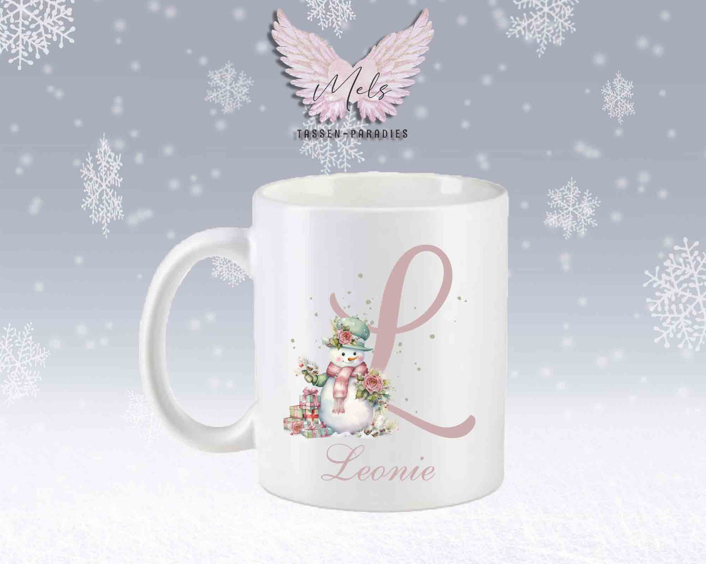 Schneemann Rosa-Alphabet mit Name - Personalisierte Keramik-Tasse Weiß-Matt