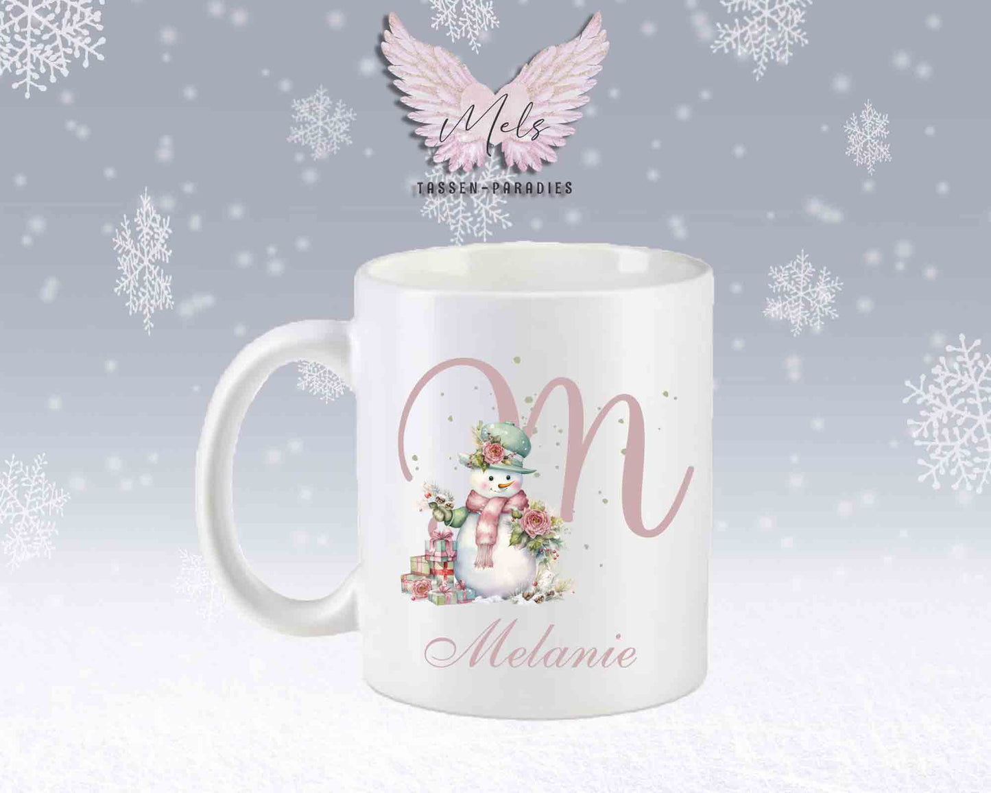 Schneemann Rosa-Alphabet mit Name - Personalisierte Keramik-Tasse Weiß-Matt