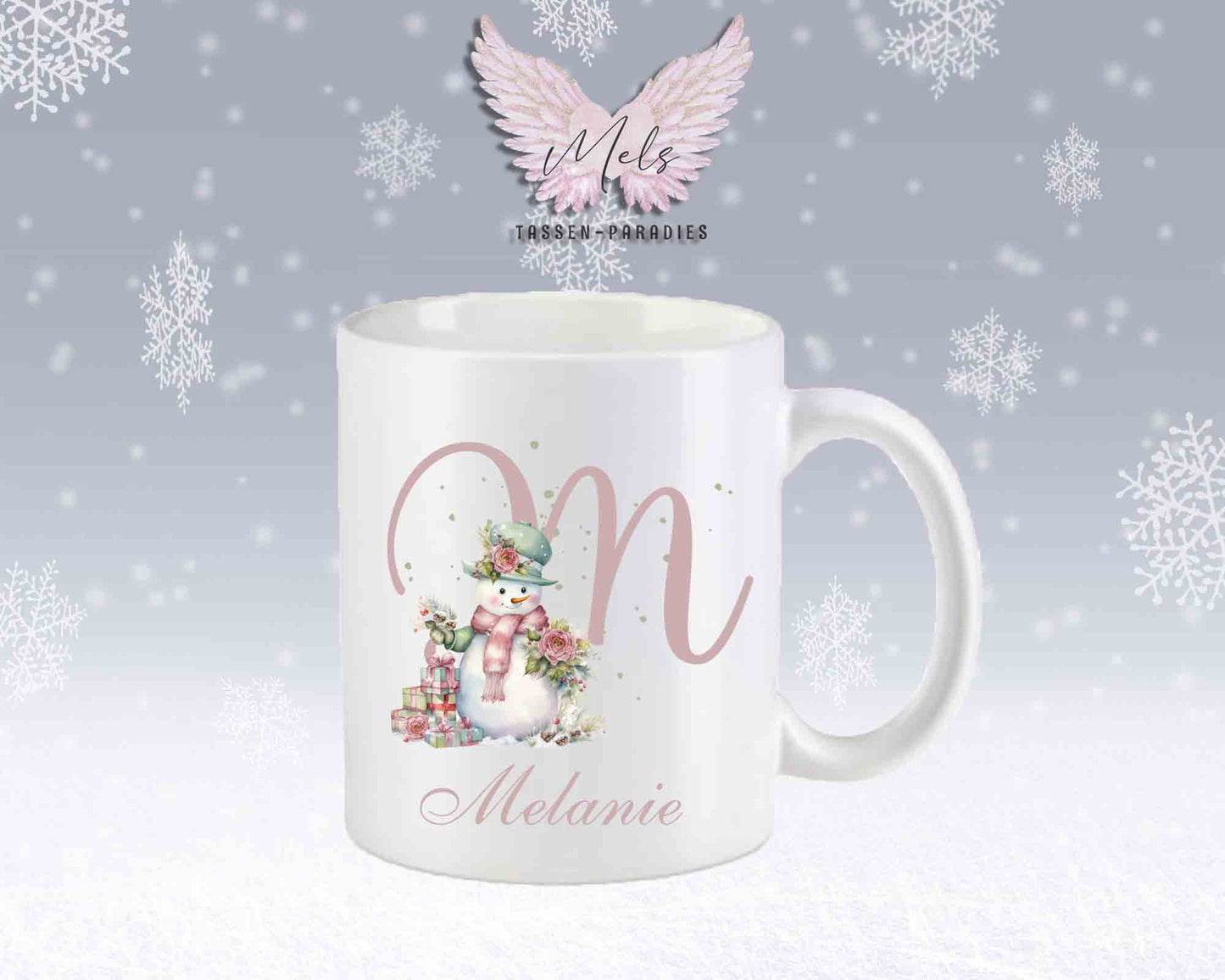 Schneemann Rosa-Alphabet mit Name - Personalisierte Keramik-Tasse Weiß-Matt