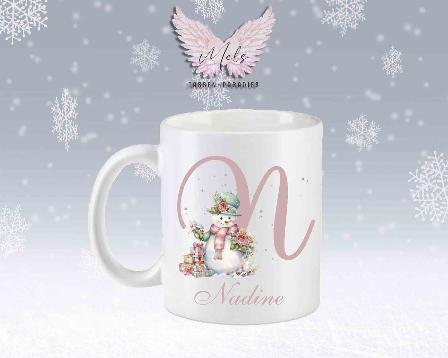 Schneemann Rosa-Alphabet mit Name - Personalisierte Keramik-Tasse Weiß-Matt