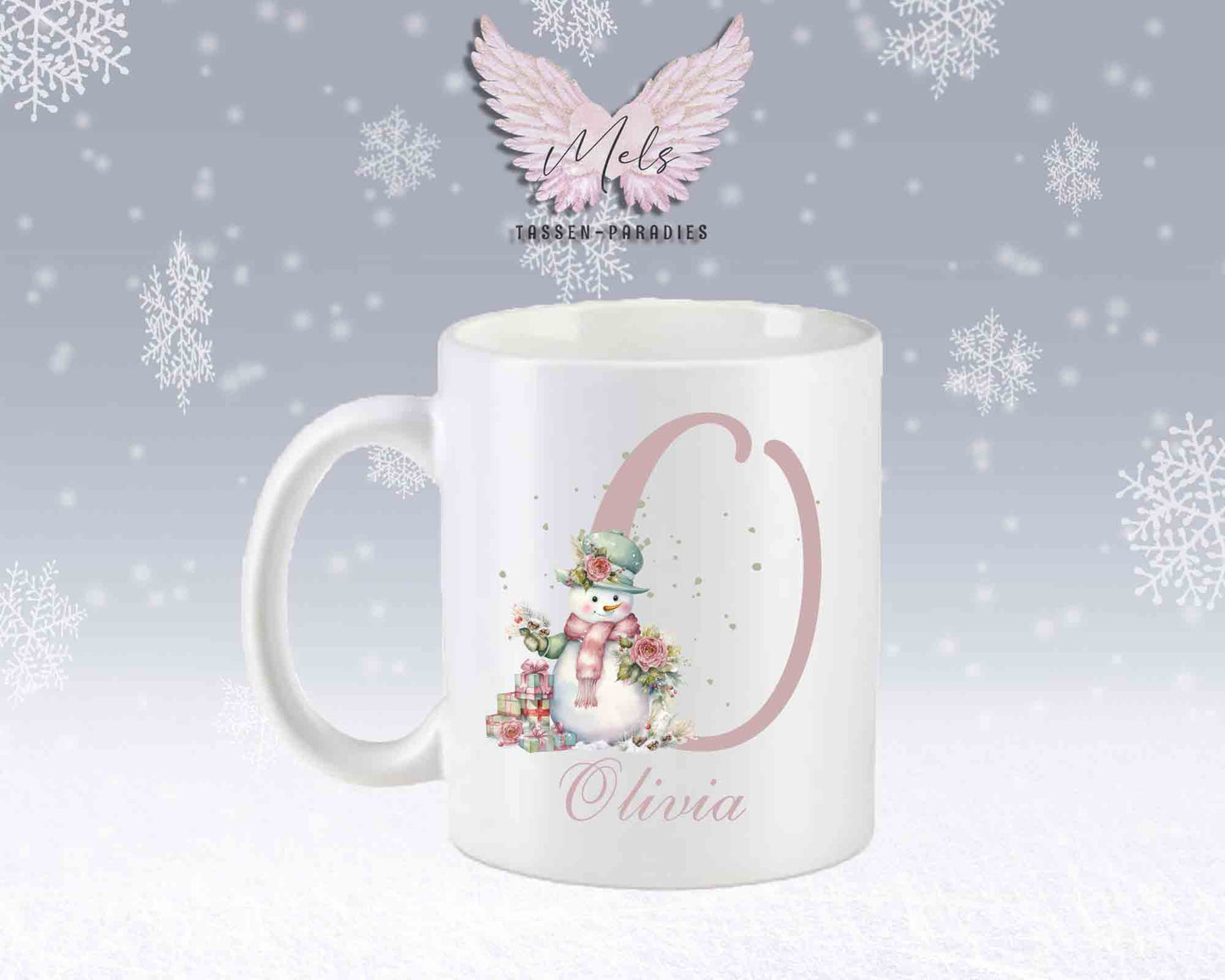 Schneemann Rosa-Alphabet mit Name - Personalisierte Keramik-Tasse Weiß-Matt