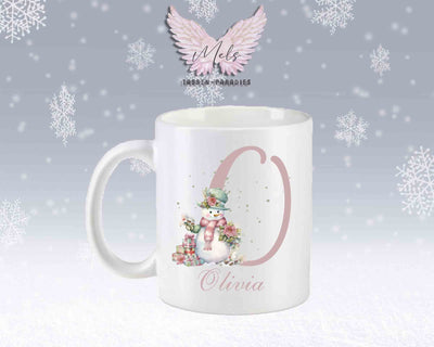 Schneemann Rosa-Alphabet mit Name - Personalisierte Keramik-Tasse Weiß-Matt