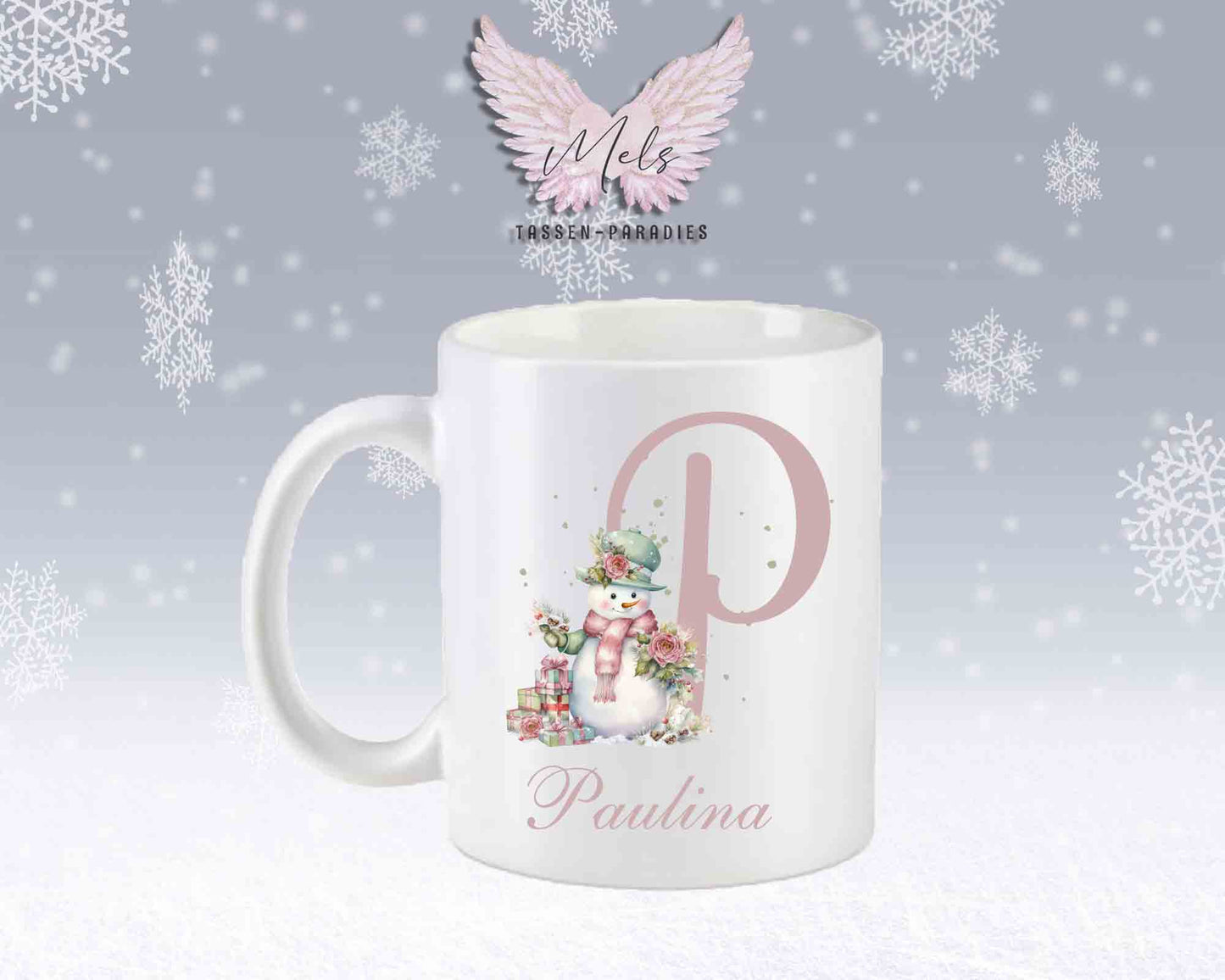 Schneemann Rosa-Alphabet mit Name - Personalisierte Keramik-Tasse Weiß-Matt