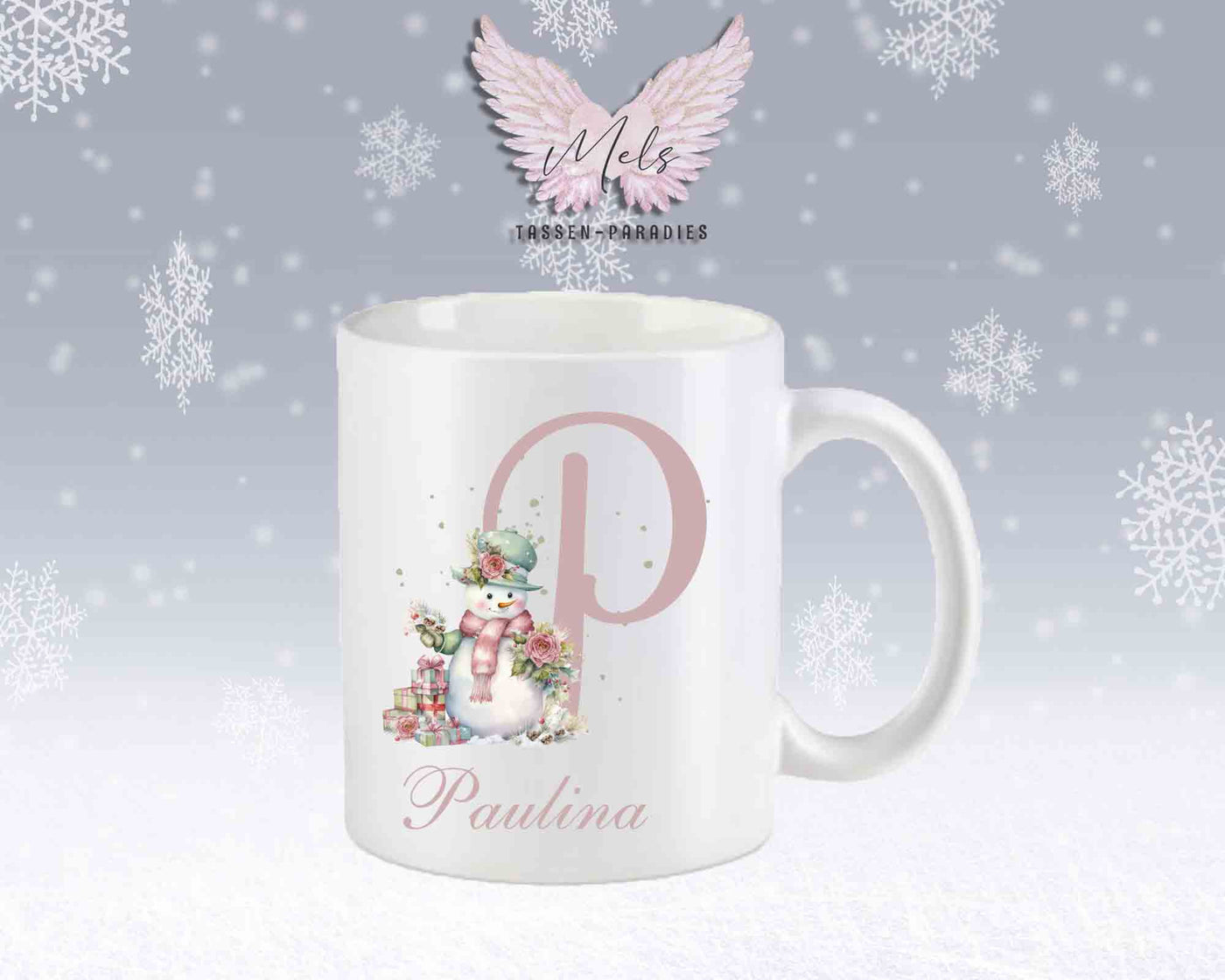 Schneemann Rosa-Alphabet mit Name - Personalisierte Keramik-Tasse Weiß-Matt