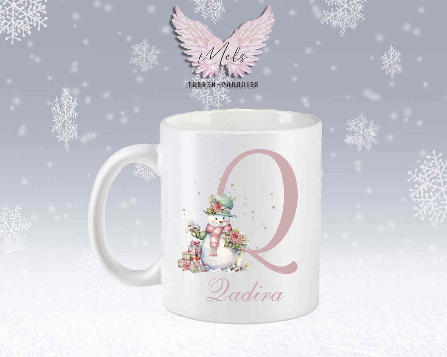 Schneemann Rosa-Alphabet mit Name - Personalisierte Keramik-Tasse Weiß-Matt