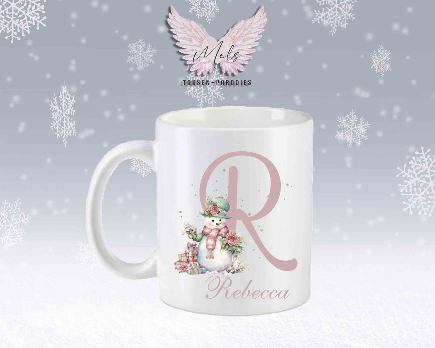 Schneemann Rosa-Alphabet mit Name - Personalisierte Keramik-Tasse Weiß-Matt